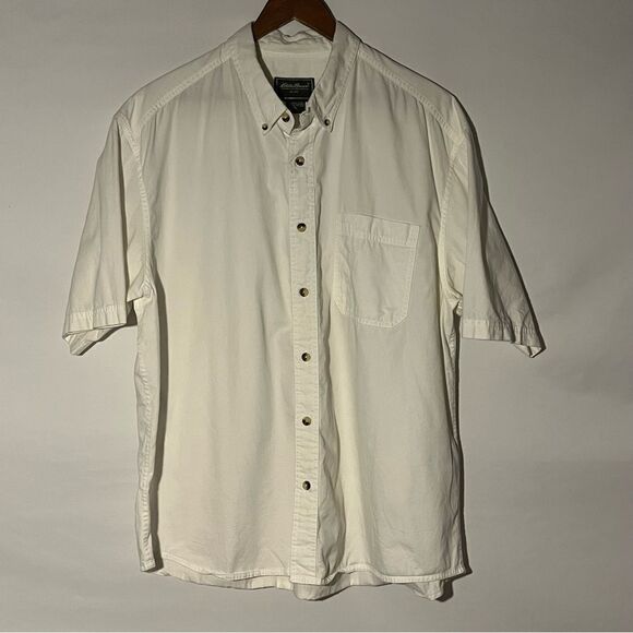 Men's Eddie Bauer Cream Short Sleeve Button Down Shirt - Picture 2 of 7